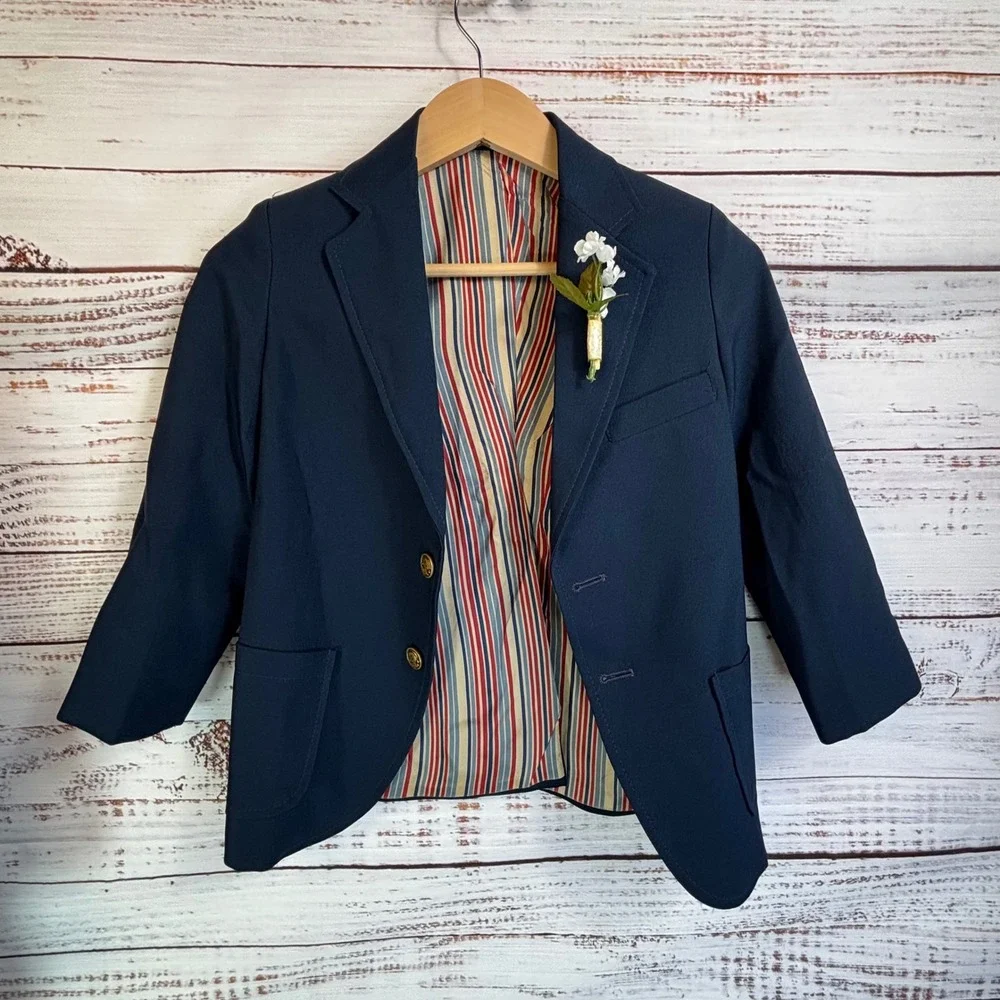 Vintage Blazer 8/10 Kids Navy Blue Textured Gold Crest Buttons Preppy Ivy Twee